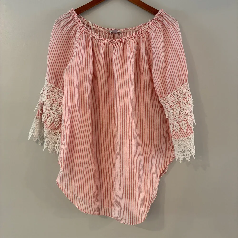 Saks Fifth Ave Top S Stripe Linen Off Shoulder Lace Boho Romantic Italy Cottage - Picture 1 of 9